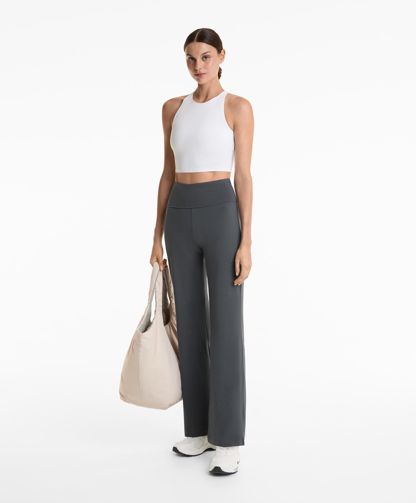 Turn-up waist flare leg cotton blend trousers