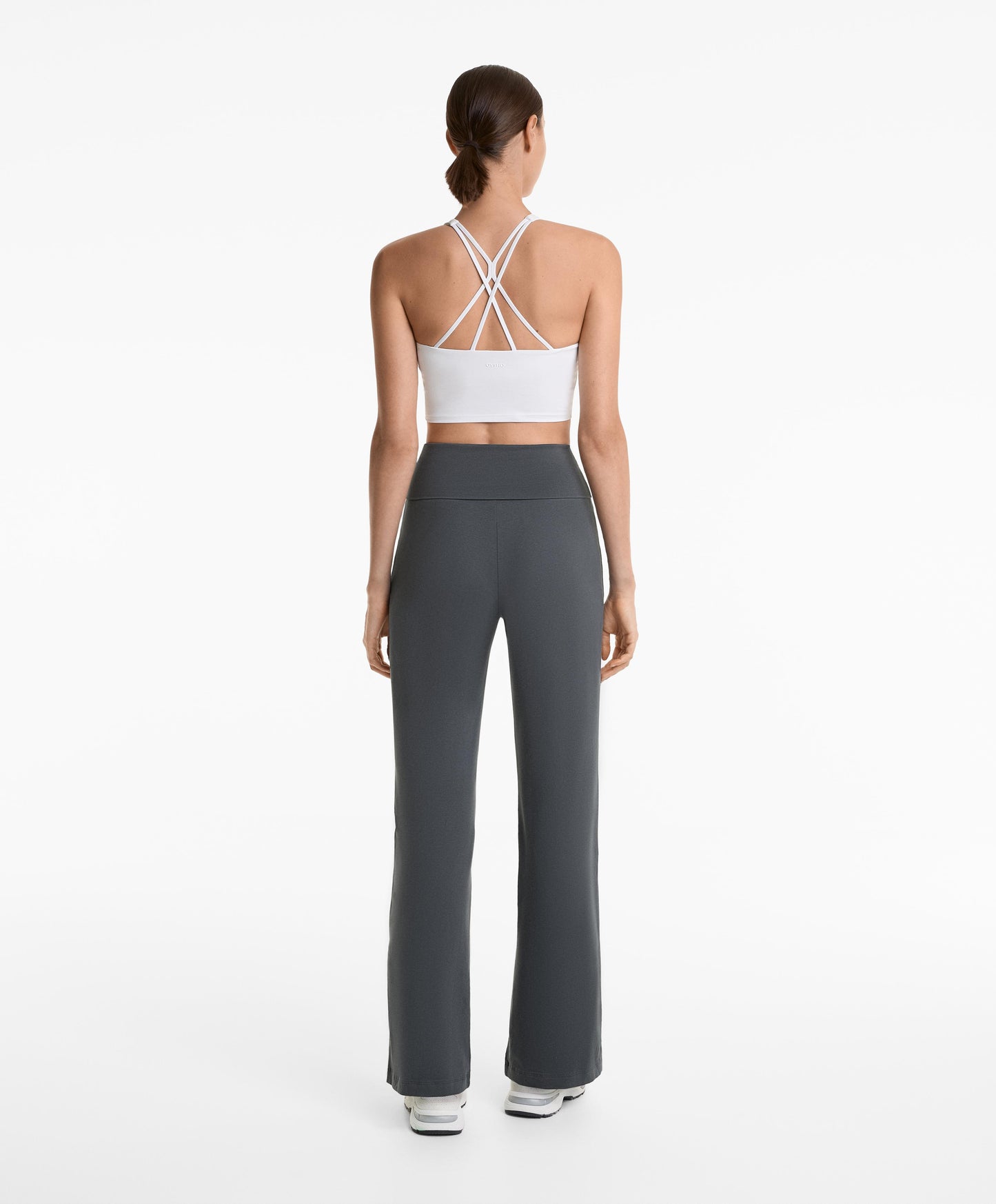 Turn-up waist flare leg cotton blend trousers