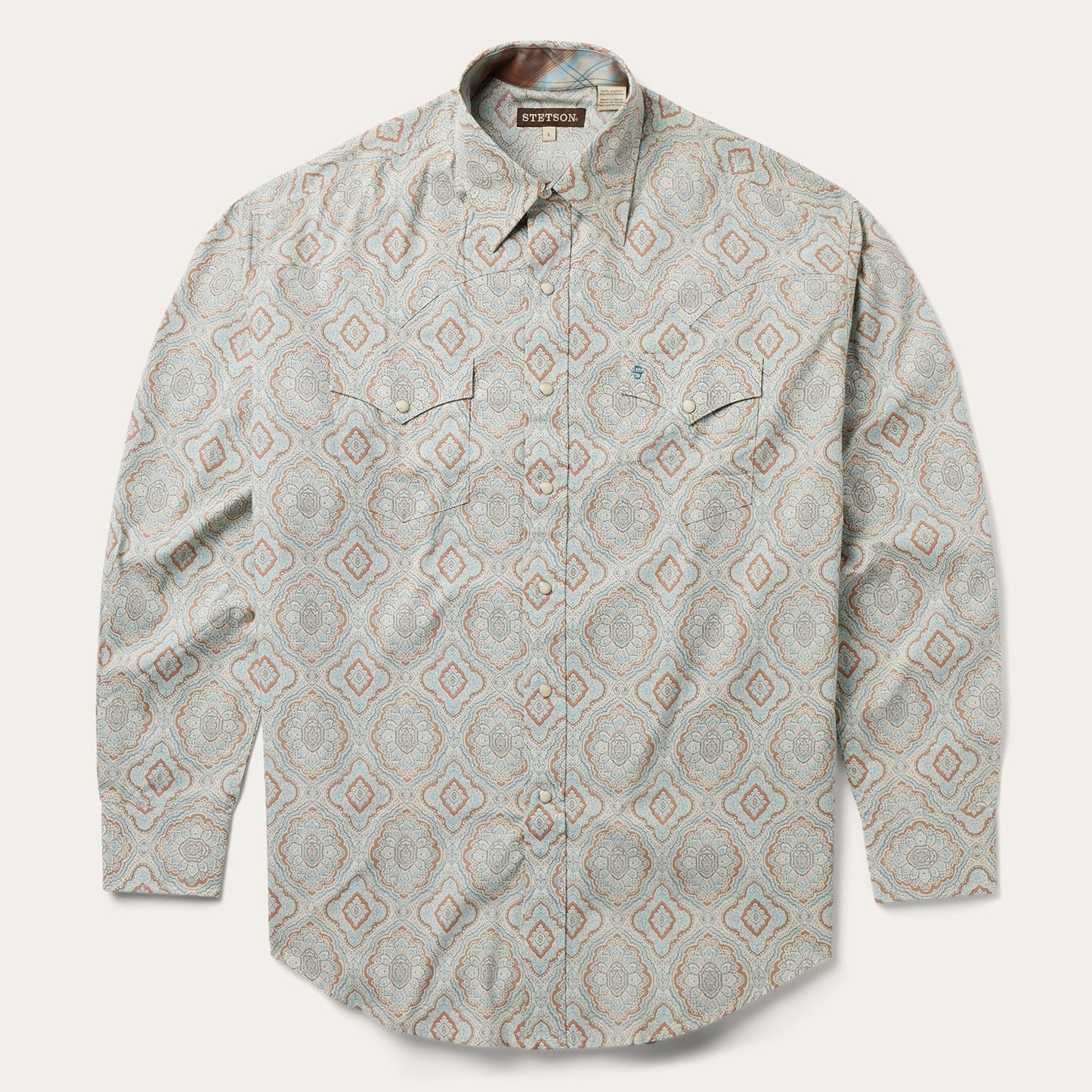Aqua Paisley Print Western Shirt Men