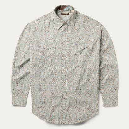 Aqua Paisley Print Western Shirt Men