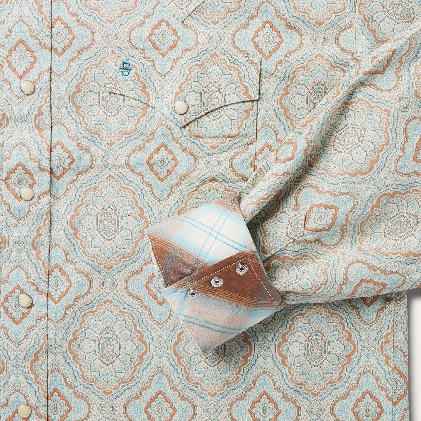 Aqua Paisley Print Western Shirt Men