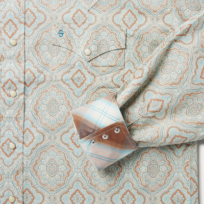 Aqua Paisley Print Western Shirt Men