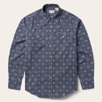 Blue Medallion Print Western Shirt Men