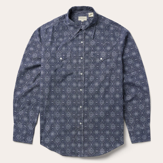 Blue Medallion Print Western Shirt Men