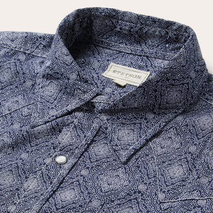 Blue Medallion Print Western Shirt Men