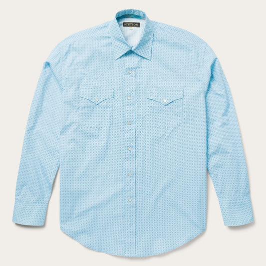 Blue Lattice Print Western Shirt Men