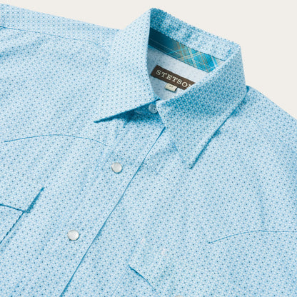 Blue Lattice Print Western Shirt Men
