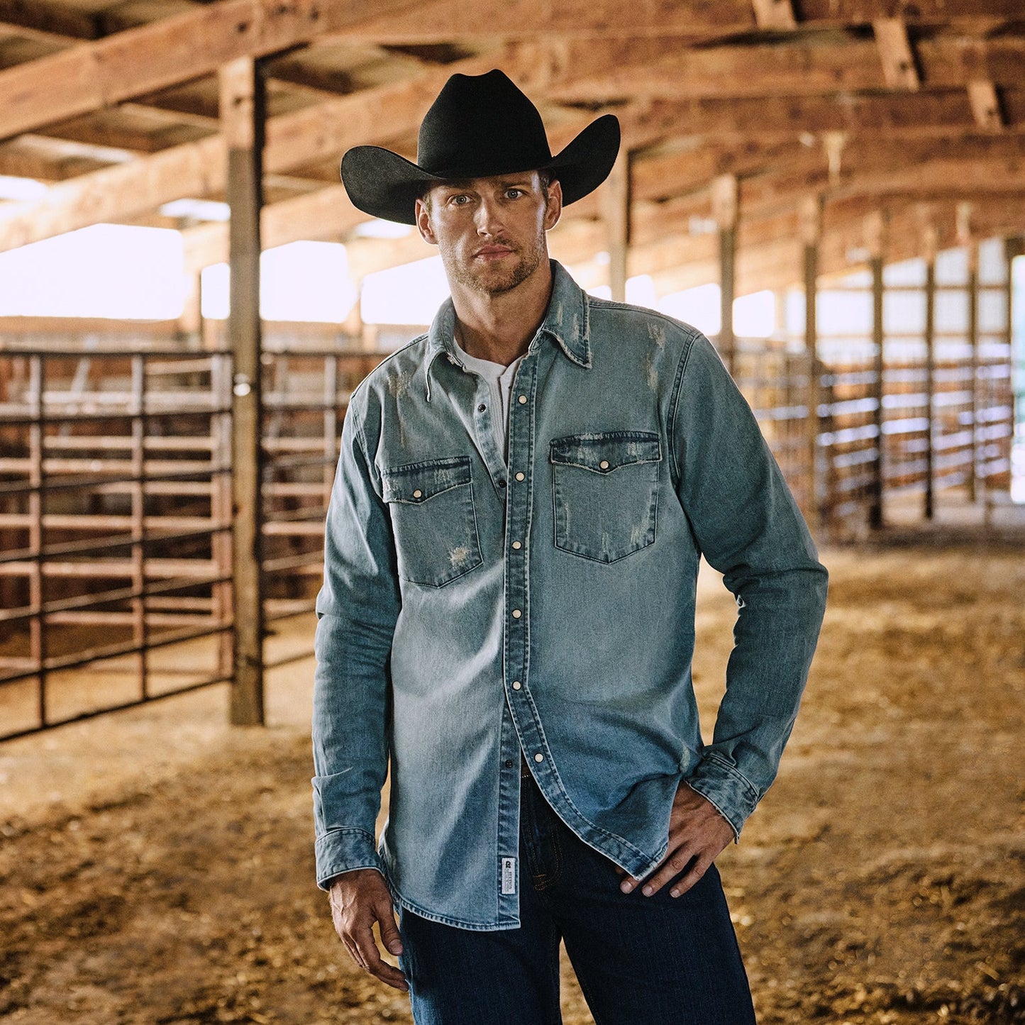 Distressed Denim Western Shirt Men