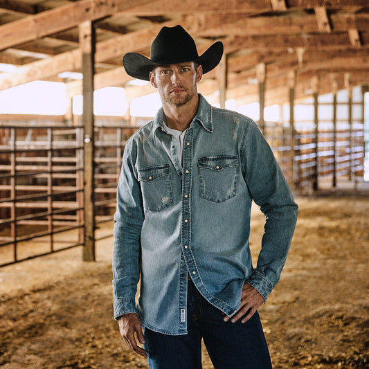 Distressed Denim Western Shirt Men