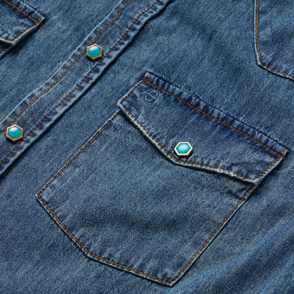 Turquoise Snap Lightweight Denim Shirt Men