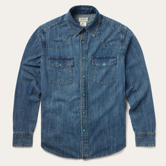 Turquoise Snap Lightweight Denim Shirt Men