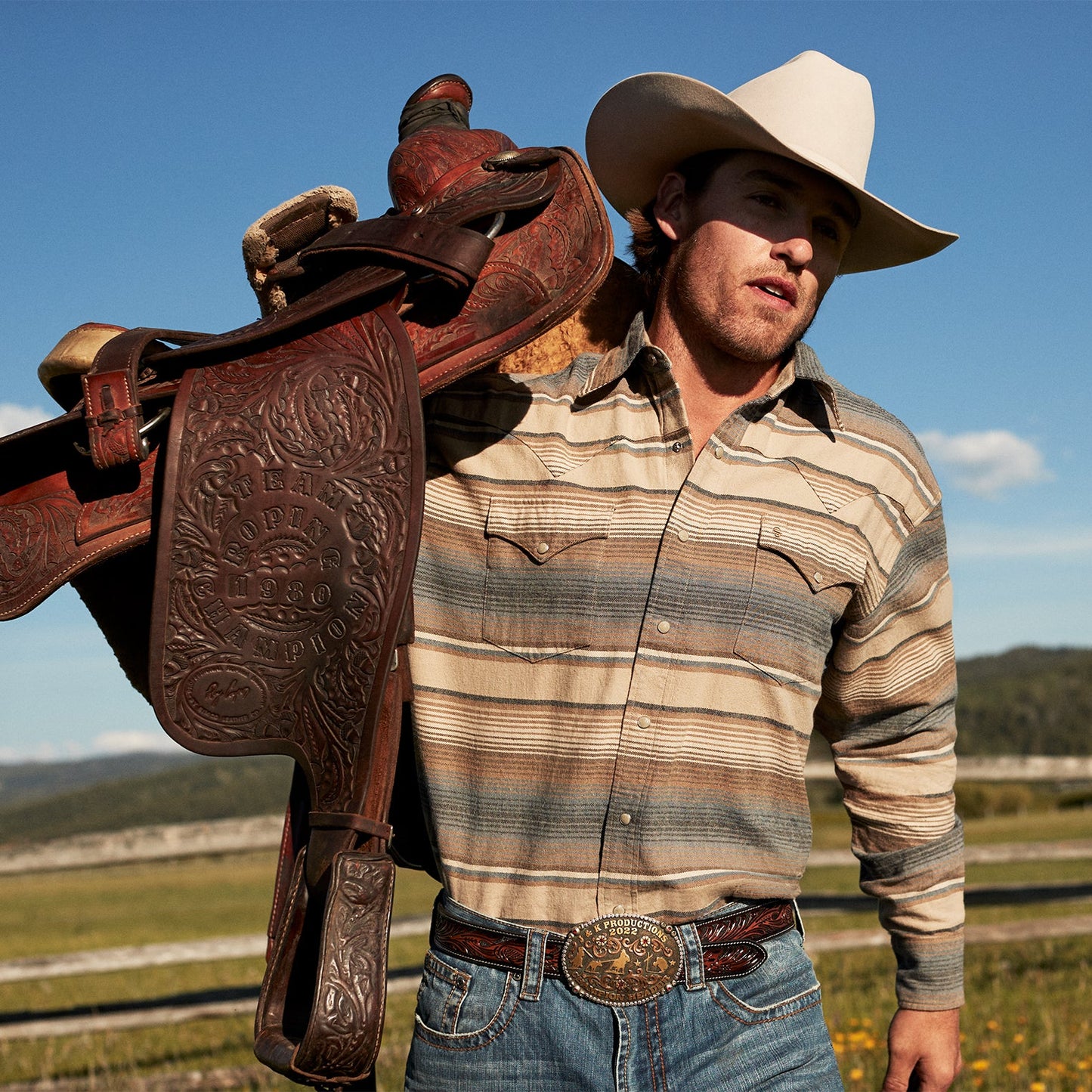 Blue Stripe Flannel Western Shirt Men
