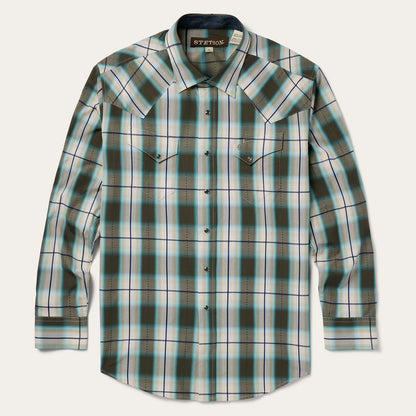Olive Ombre Plaid Western Shirt Men