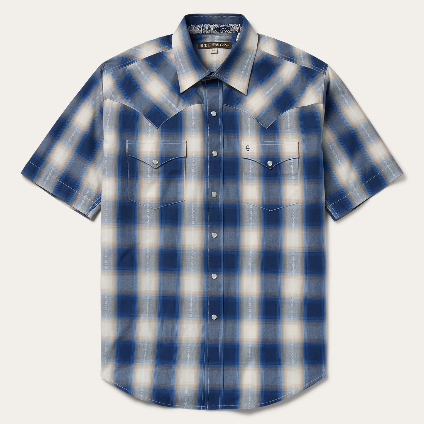 Blue Ombre Plaid Short Sleeve Western Shirt Men