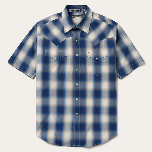 Blue Ombre Plaid Short Sleeve Western Shirt Men
