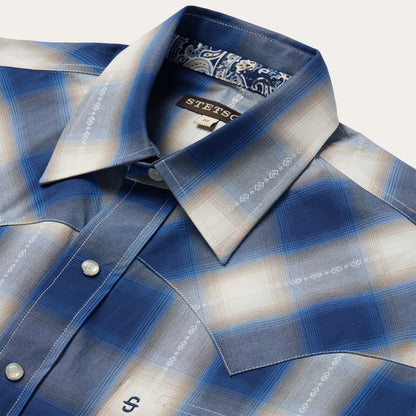 Blue Ombre Plaid Short Sleeve Western Shirt Men