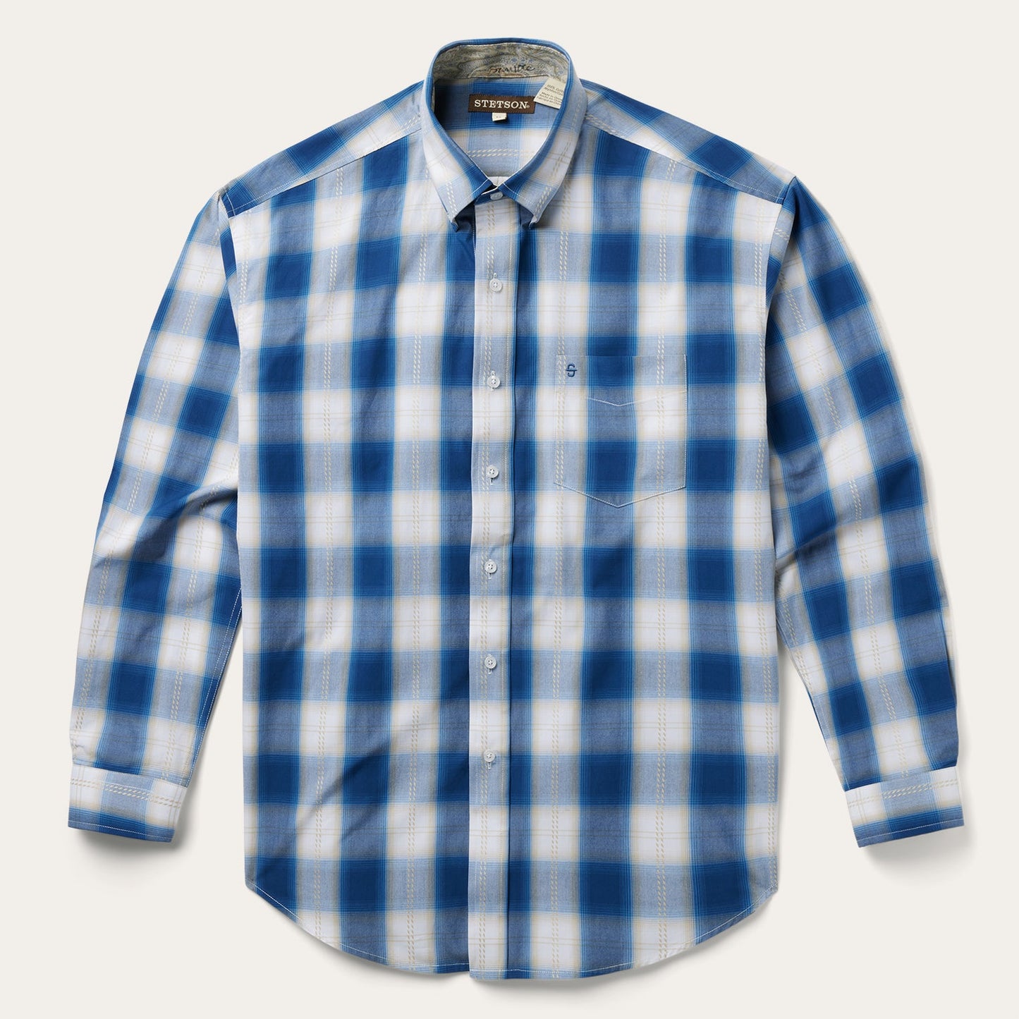 Navy Gold Ombre Plaid Short Sleeve Western Shirt Men