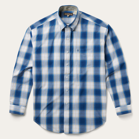 Navy Gold Ombre Plaid Short Sleeve Western Shirt Men