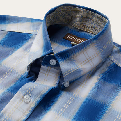 Navy Gold Ombre Plaid Short Sleeve Western Shirt Men