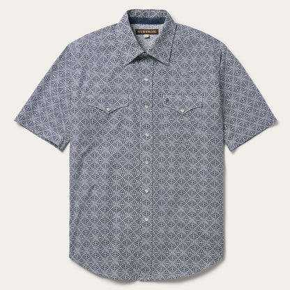 Navy Print Short Sleeve Western Shirt Men