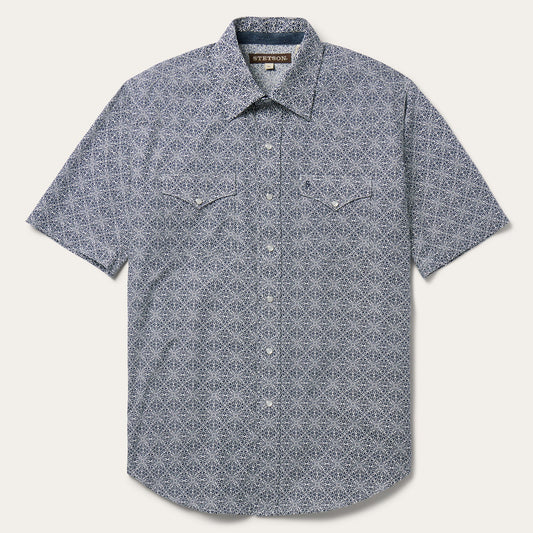 Navy Print Short Sleeve Western Shirt Men