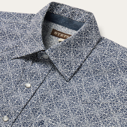 Navy Print Short Sleeve Western Shirt Men