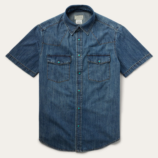 Turquoise Snap Short Sleeve Denim Shirt Men