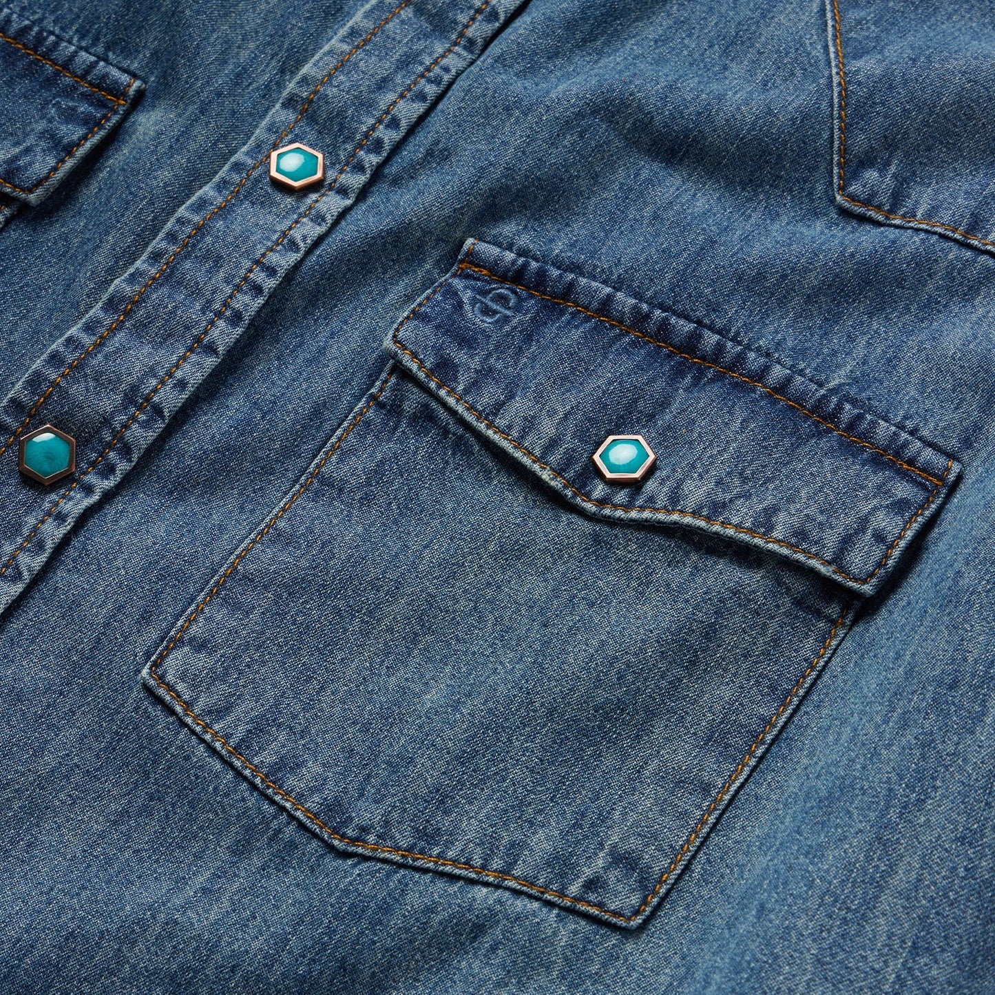 Turquoise Snap Short Sleeve Denim Shirt Men