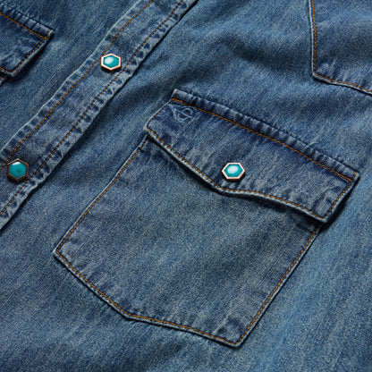 Turquoise Snap Short Sleeve Denim Shirt Men