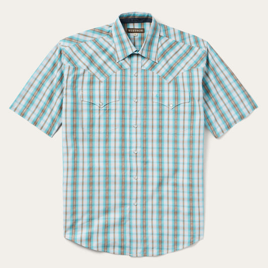 Turquoise Plaid ShortSleeve Western Shirt Men