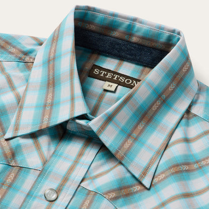 Turquoise Plaid ShortSleeve Western Shirt Men