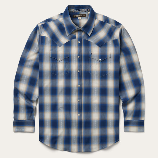 Blue Ombre Plaid Western Shirt Men