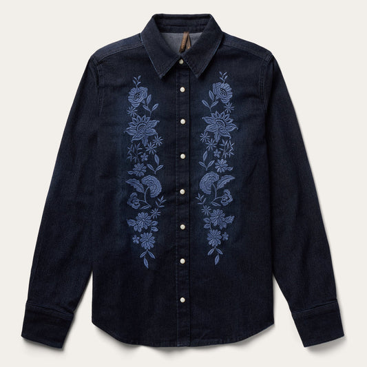 Embroidered Dark Denim Snap Front Shirt Women