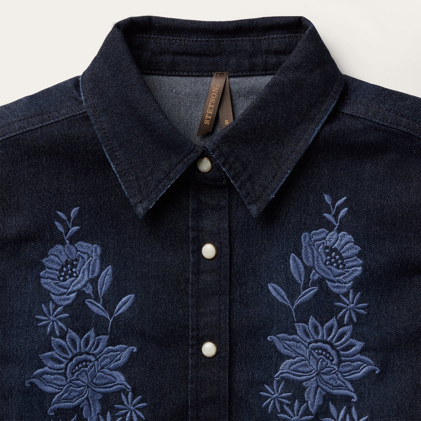 Embroidered Dark Denim Snap Front Shirt Women