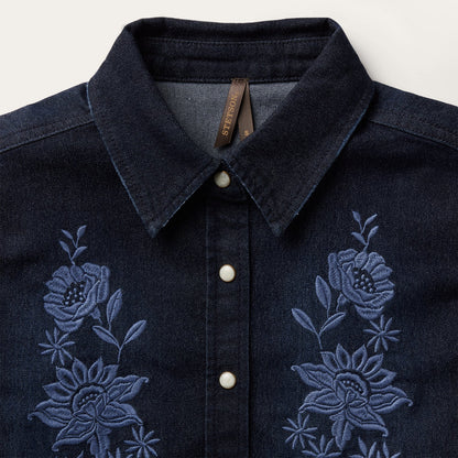 Embroidered Dark Denim Snap Front Shirt Women
