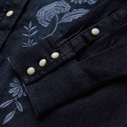 Embroidered Dark Denim Snap Front Shirt Women