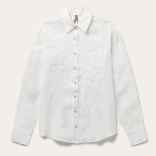 Floral Embroidered White Linen Shirt Women
