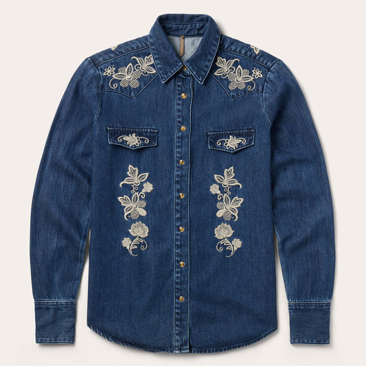 Floral Embroidered Dark Denim Shirt Women