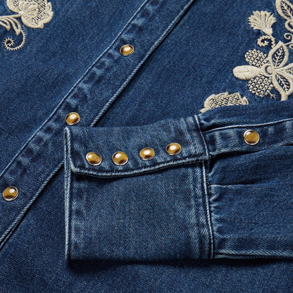 Floral Embroidered Dark Denim Shirt Women