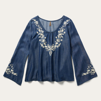 Embroidered Denim Peasant Blouse Women
