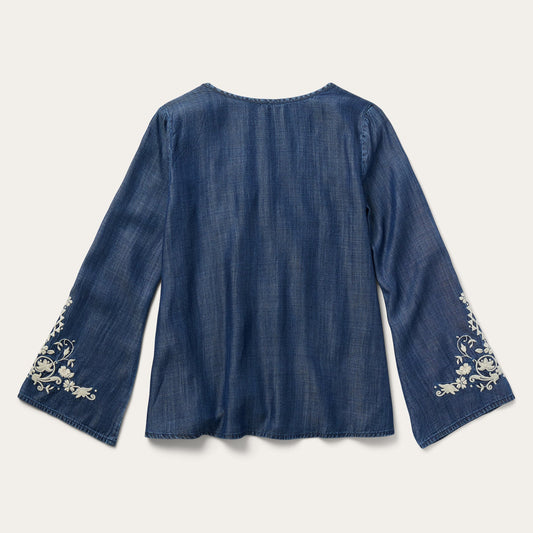 Embroidered Denim Peasant Blouse Women