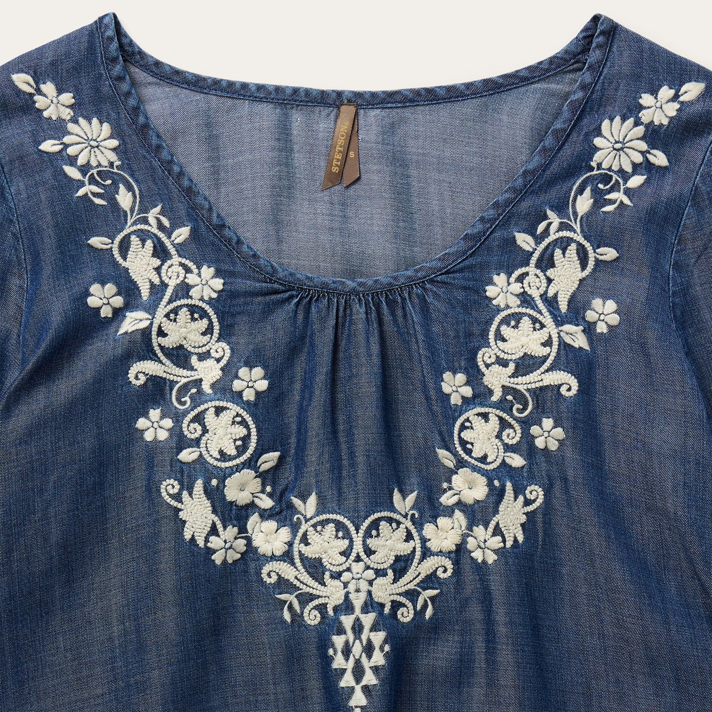 Embroidered Denim Peasant Blouse Women