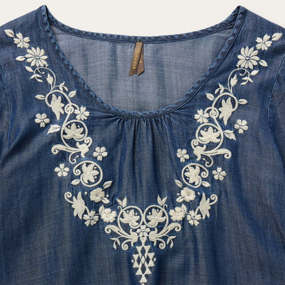 Embroidered Denim Peasant Blouse Women