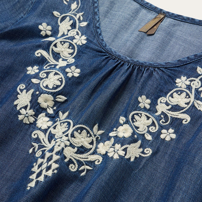 Embroidered Denim Peasant Blouse Women