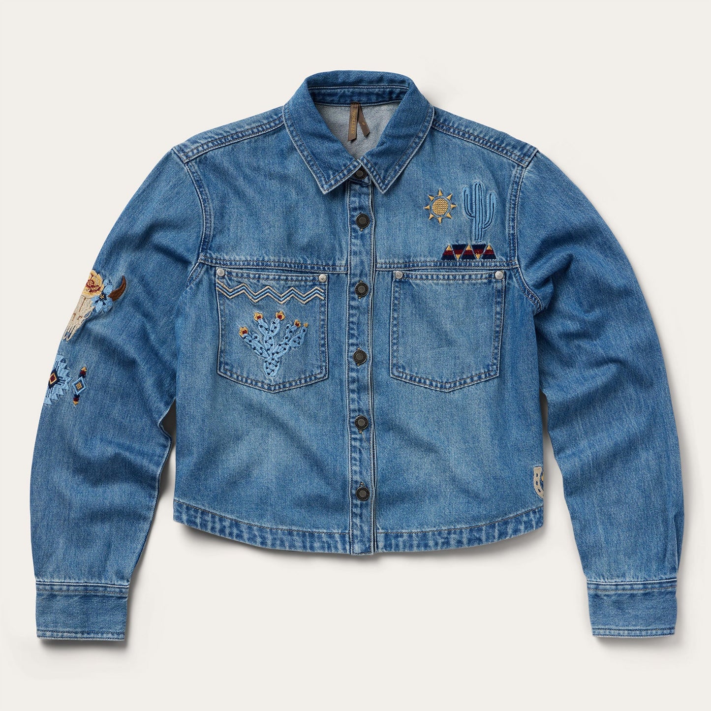 Embroidered Denim ButtonUp Cropped Shirt Women