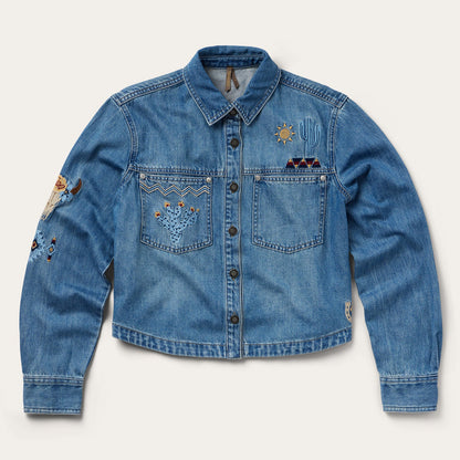 Embroidered Denim ButtonUp Cropped Shirt Women