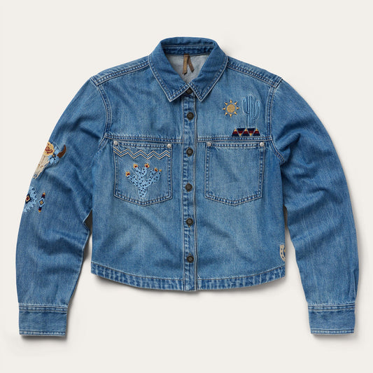Embroidered Denim ButtonUp Cropped Shirt Women