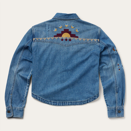 Embroidered Denim ButtonUp Cropped Shirt Women