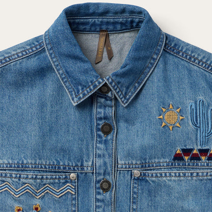 Embroidered Denim ButtonUp Cropped Shirt Women