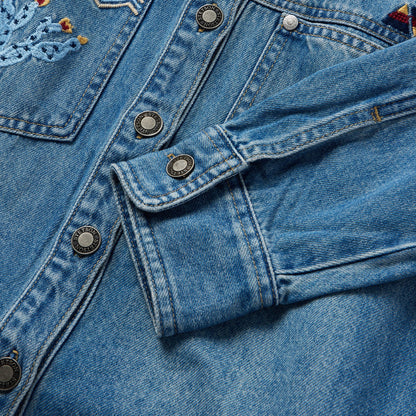 Embroidered Denim ButtonUp Cropped Shirt Women